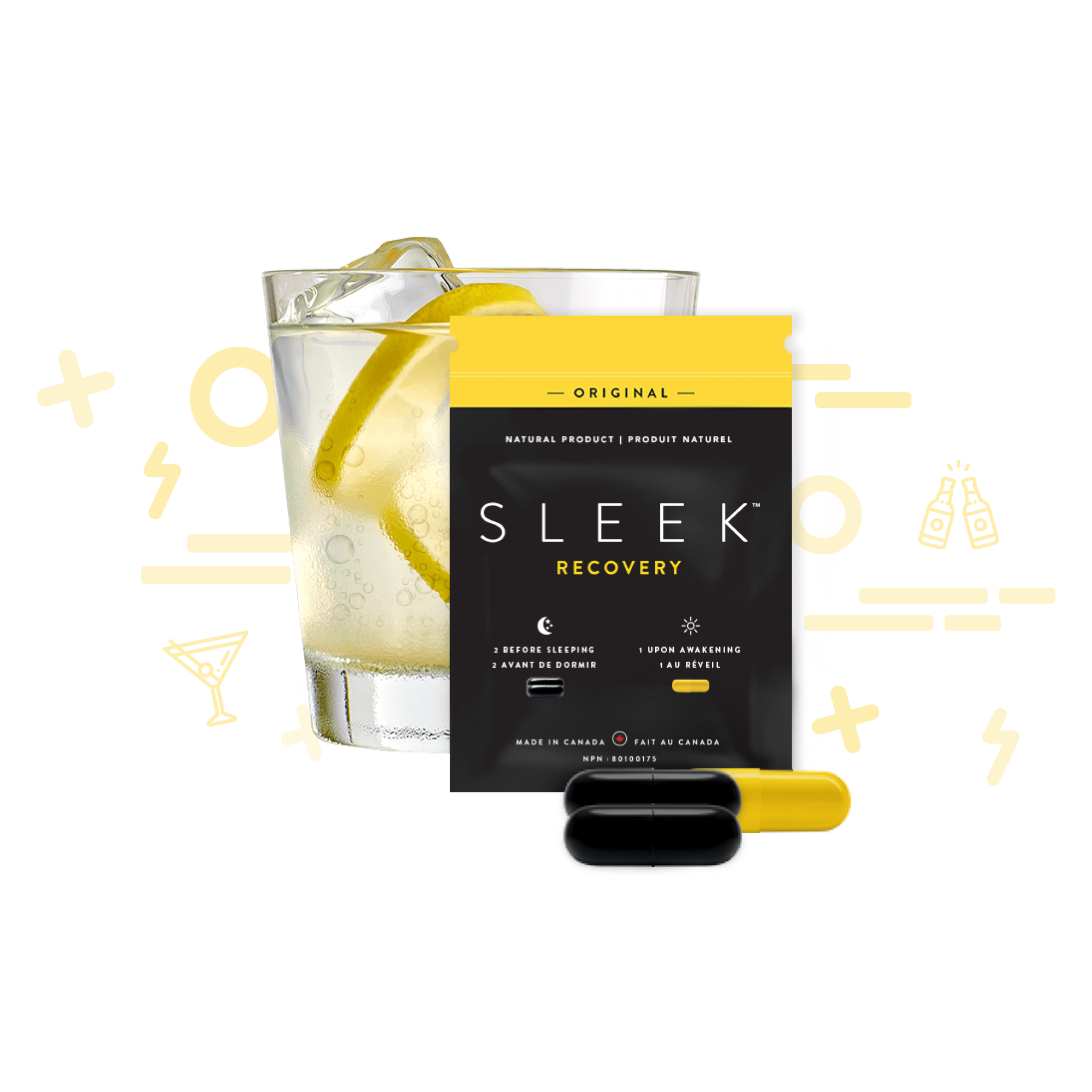 Glass of drink and sachet of Sleek Recovery capsules